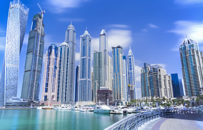 DUBAI, UNITED ARAB EMIRATES - MARCH 3, 2016: Modern and luxury skyscrapers in Dubai Marina