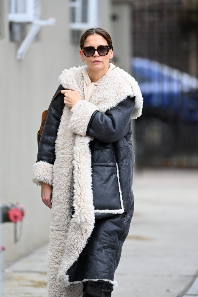 Katie Holmes Wears An Oversized Shearling Coat In Brooklyn