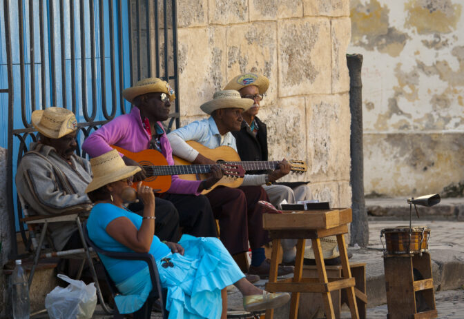 Street musicians in Plaza de la Catedral, HAVANA, CUBA.