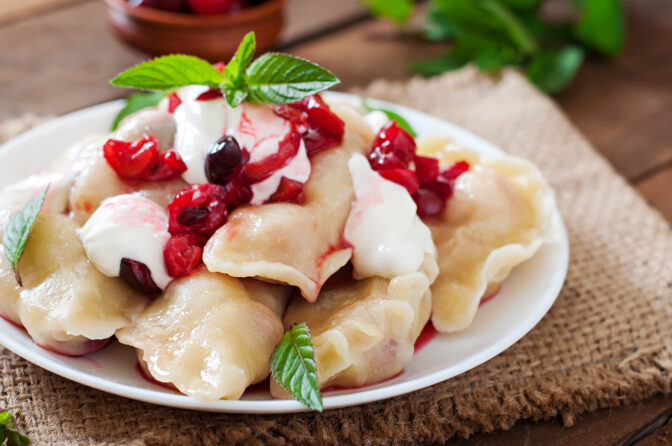 Delicious dumplings with cherries and jam.